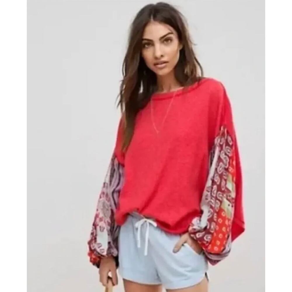 Free People Red Knit Patchwork Sleeve Sweater Boho Slouchy XS